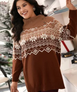 Snowflake Print Button Detail Split Side Pullover