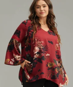 Floral Lace Panel V Neck Hanky Hem Blouse -Clothing Shop 8832786 bq