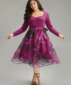 Floral Square Neck Mesh Patchwork Belted Ruched Dress -Clothing Shop 885036219 ox