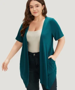 Plain Open Front Pocket Asymmetrical Hem Kimono -Clothing Shop 885369465 xa