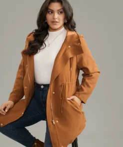 Anti-Wrinkle Plain Drawstring Button Through Zipper Coat