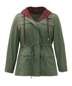 Contrast Hooded Drawstring Flap Pocket Coat -Clothing Shop 886269618 qd