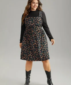 Corduroy Ditsy Floral Pocket Adjustable Straps Dress -Clothing Shop 886593021 ge