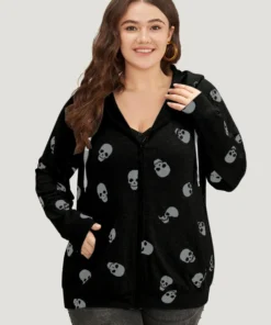 Halloween Skull Print Pocket Zipper Hooded Sweatshirt -Clothing Shop 886732705 wa f70e0b2b ef6d 45c2 8d34 aaa74b593f2d