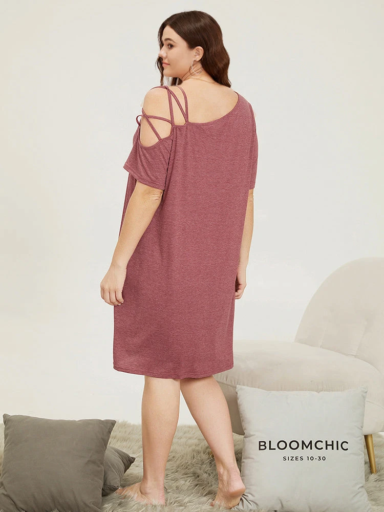 Plain One-shoulder Crisscross Pocket Sleep Dress 4 Plain One-shoulder Crisscross Pocket Sleep Dress - Image 2