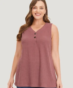 Waffle Knit Button Detail Plicated Detail Tank Top