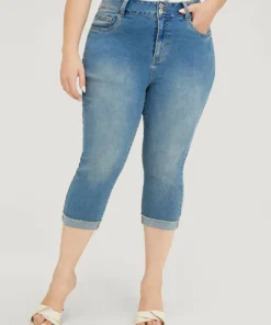 Very Stretchy High Rise Medium Wash Roll Hem Cropped Jeans