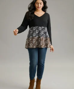 Ditsy Floral Colorblock Contrast Ruffle Hem T-shirt -Clothing Shop 887154401 ef