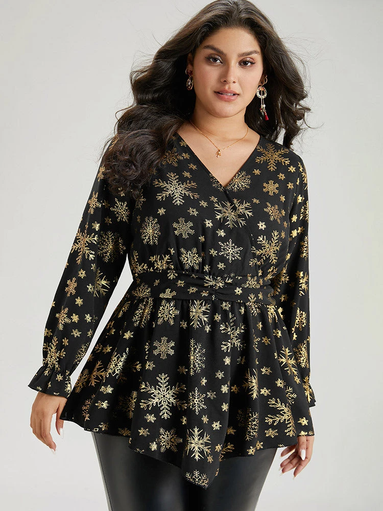 Glitter Snowflake Elastic Waist Ruched Wrap Blouse 3 Glitter Snowflake Elastic Waist Ruched Wrap Blouse