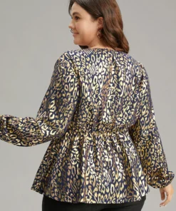 Glitter Leopard Wrap Elastic Waist Lantern Sleeve Blouse 10 Glitter Leopard Wrap Elastic Waist Lantern Sleeve Blouse -Clothing Shop 88777489 ld