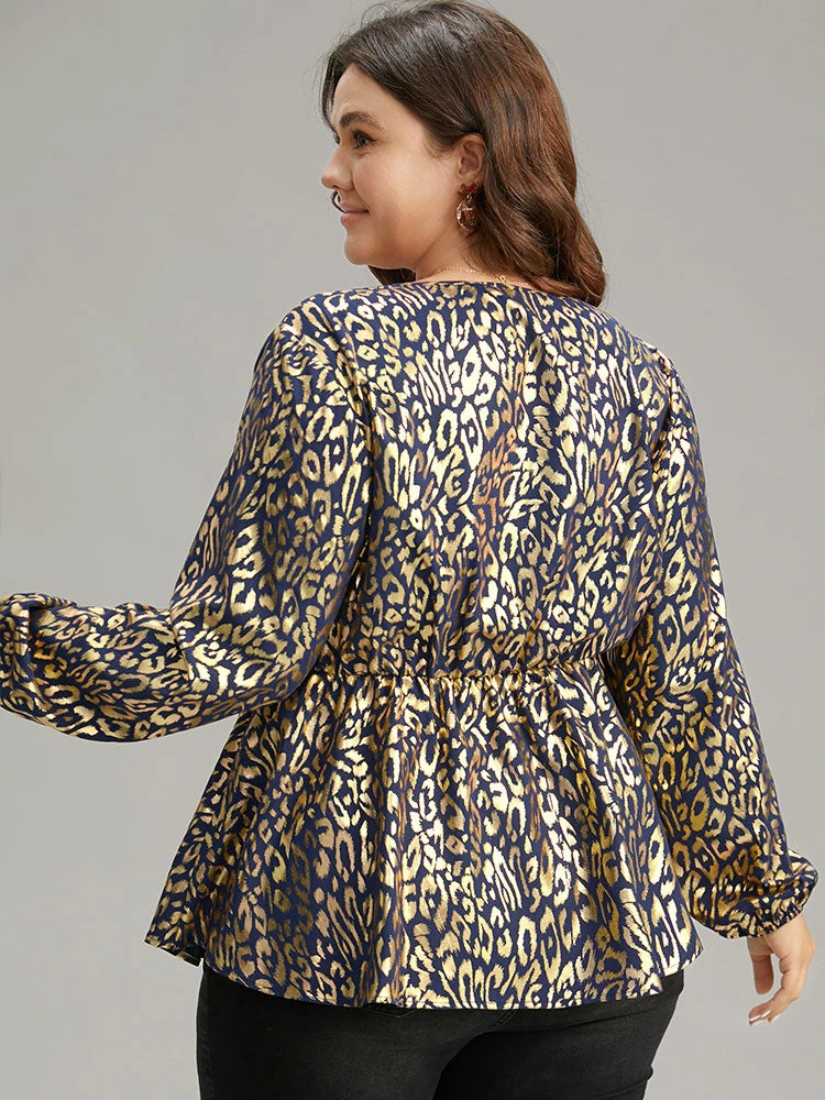 Glitter Leopard Wrap Elastic Waist Lantern Sleeve Blouse 4 Glitter Leopard Wrap Elastic Waist Lantern Sleeve Blouse - Image 2