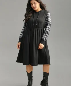 Plaid Patchwork Drawstring Pocket Hooded Dress -Clothing Shop 88797617 il