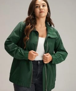 Wind-Resistant Plain Zipper Fly Pocket Jacket -Clothing Shop 888928210 km