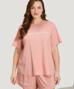 Letter Print Crew Neck Sleep Top -Clothing Shop 889887829 qy