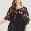 Floral Print Crochet Mesh Asymmetrical Batwing Sleeve Blouse