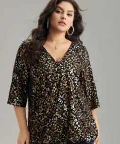 Leopard Glitter Wrap V Neck Blouse -Clothing Shop 889960055 vt
