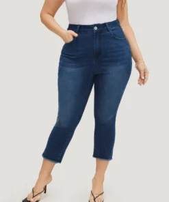 Very Stretchy High Rise Dark Wash Raw Hem Cropped Jeans