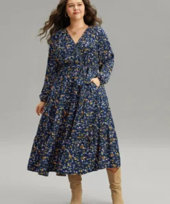 Ditsy Floral Elastic Cuffs Surplice Neck Dress