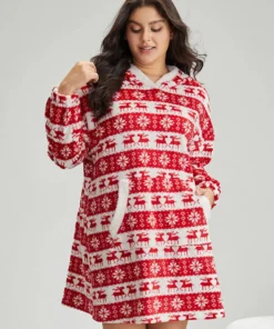 Christmas Elk Hooded Pocket Fuzzy Sleep Dress