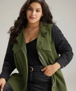 Contrast Lapel Collar Pocket Zipper Fly Coat