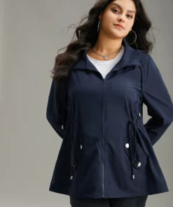 Static-Free Metal Detail Zipper Hooded Drawstring Windbreaker