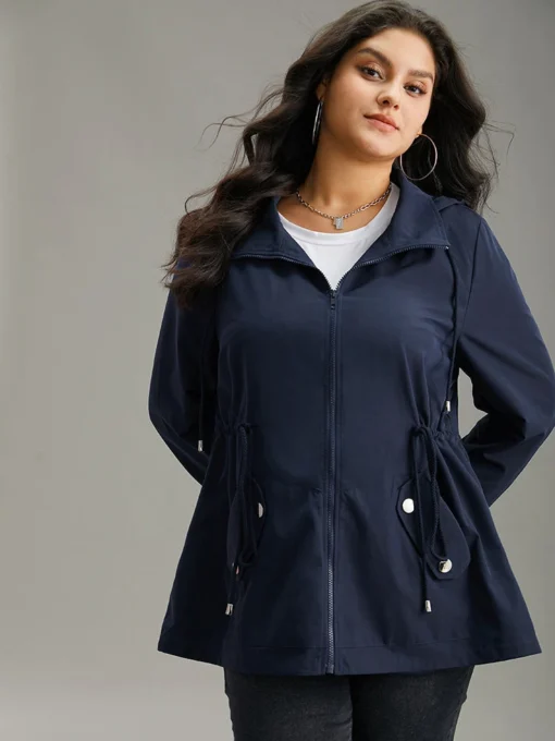 Static-Free Metal Detail Zipper Hooded Drawstring Windbreaker -Clothing Shop 891606129 wr