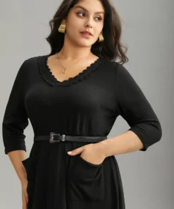 Guipure Lace Buckle Detail Belted Pocket Dress -Clothing Shop 89240460 tw