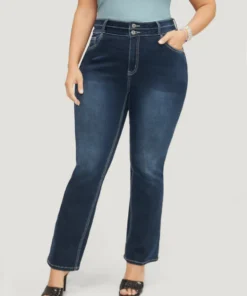 Very Stretchy High Rise Dark Wash Contrast Stitching Jeans -Clothing Shop 892585056 ad