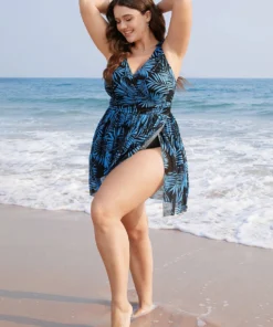 Plant Print Bow Ruffle Split Hem Swim Dress -Clothing Shop 892773171 qh