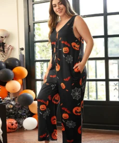 Halloween Print Button Detail Sleeveless Sleep Jumpsuit -Clothing Shop 893309611 zx