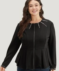 Pearl Beaded Zipper Plicated Detail Coat -Clothing Shop 895405836 rc