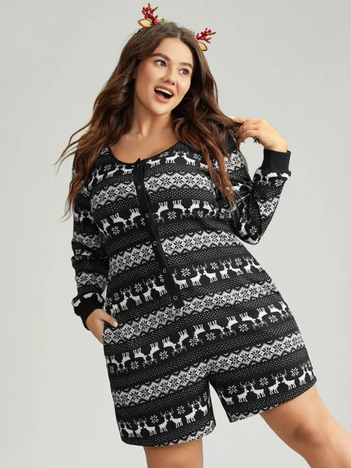 Christmas Print Pocket Button Up Sleep Jumpsuit -Clothing Shop 895434571 rz