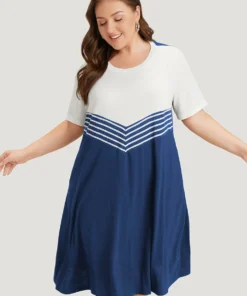 Striped Patchwork Flutter Colorblock Contrast Pocket Dress -Clothing Shop 895460083 ot