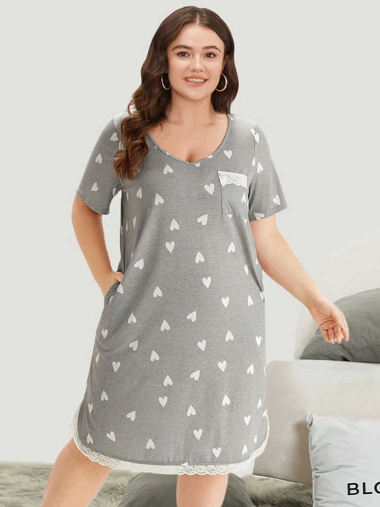 Heart Print Patched Pocket Eyelet Lace Sleep Dress 3 Heart Print Patched Pocket Eyelet Lace Sleep Dress