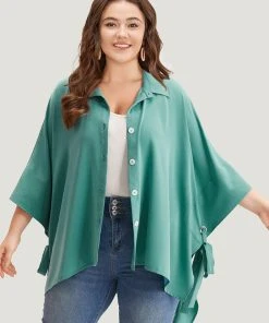 Plain Shirt Collar Asymmetrical Hem Bowknot Kimono -Clothing Shop 895885297 jo
