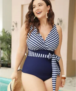 Striped Patchwork Wrap Knot Front One Piece Swimsuit