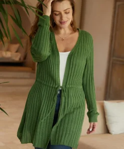 Rib Knit Drawstring Split Side Tunic Cardigan -Clothing Shop 896723692 pu