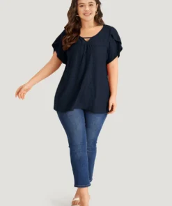 Plain Geometric Eyelet Keyhole Petal Sleeve T-shirt -Clothing Shop 896810191 xg a5b9a502 18fe 46da 99d2 3f910e290224