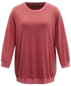 Solid Rib Knit Hem High Low Hem Sweatshirt 19 Solid Rib Knit Hem High Low Hem Sweatshirt -Clothing Shop 89715174 qw