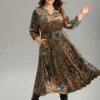 Velvet Floral Print Notched Lantern Sleeve Dress -Clothing Shop 897220545 bf
