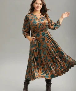 Velvet Floral Print Notched Lantern Sleeve Dress