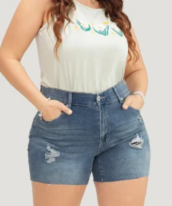 Skinny Very Stretchy Light Wash Ripped Detail Denim Shorts