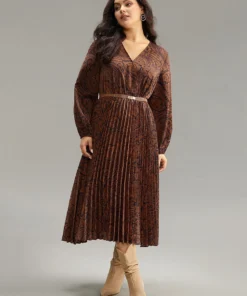 Boho Print Pleated Elastic Waist Wrap Dress -Clothing Shop 897764305 sa