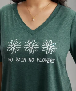 Natural & Letter Graphic V Neck T-shirt -Clothing Shop 89799894 ty