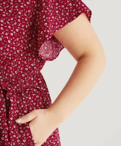 Ditsy Floral Overlap Collar Bowknot Flutter Hem Dress -Clothing Shop 898020931 zx