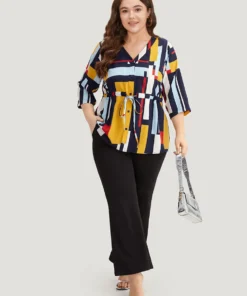 Geometric Contrast Drawstring Button Up Blouse -Clothing Shop 898249032 bw