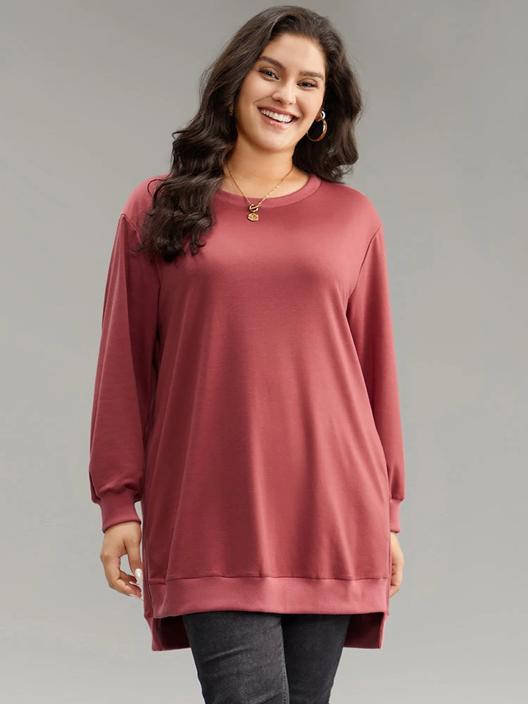 Solid Rib Knit Hem High Low Hem Sweatshirt 4 Solid Rib Knit Hem High Low Hem Sweatshirt - Image 2