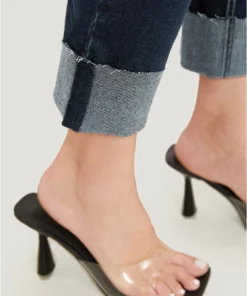 Straight Leg Very Stretchy High Rise Dark Wash Roll Hem Jeans -Clothing Shop 898312300 xg