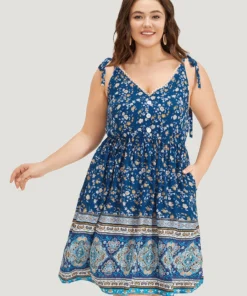 Boho Print Knot Lace Trim Pocket Cami Dress