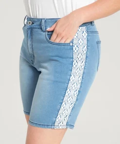 Very Stretchy High Rise Light Wash Contrast Lace Denim Shorts -Clothing Shop 89873037 to